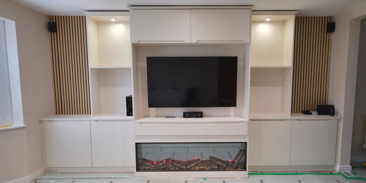 Custom made fitted media wall with fire in Shaw Oldham